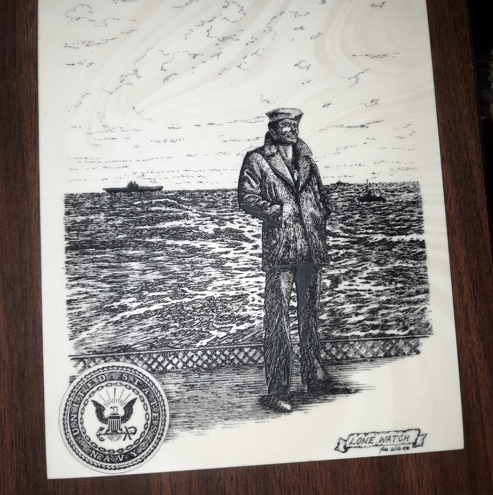 US Navy Lone Watch Marble Plaque Vtg 1970s EUC